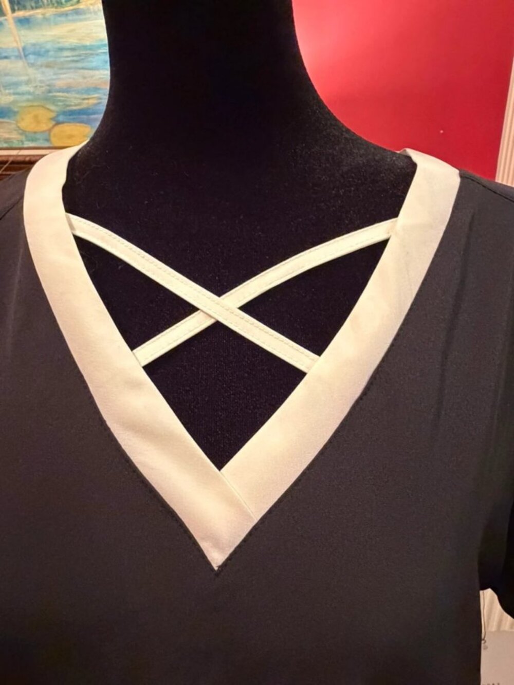 Black & White Contrast Trim V-Neck Scrub Top with Double Pockets, Women’s M / US